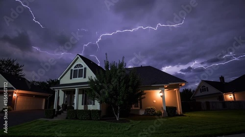 Dramatic lightning strike captured over suburban home during intense nighttime storm, symbolizing nature’s power, extreme weather events, climate change, natural hazards, and emergency preparedness
