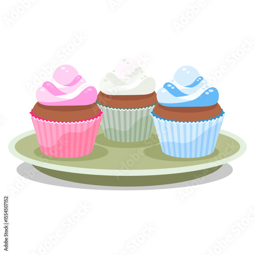 Pink, green, blue cupcake on plate vector