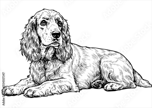  Cocker Spaniel dog pet portrait engraving intricate retro hand drawn style line art black and white vector illustration, isolated on white background