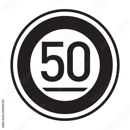 Speed limit traffic sign. Icons. Symbols. Markers. Caution. Traffic safety. Japanese traffic rules. Monochrome. 50