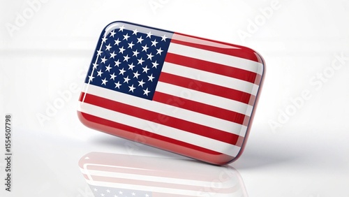 Photo of american flag badge isolated on white background displays stars and stripes in a glossy rectangular shape