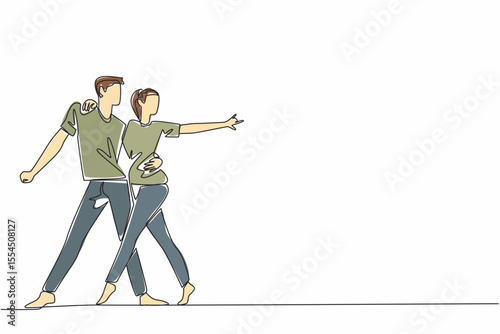 Single continuous line drawing married couple dancing on the dancefloor. Dancing to the music. Rhythm of singing. Salsa dance. Tango dance. International Dance Day. One line design vector illustration