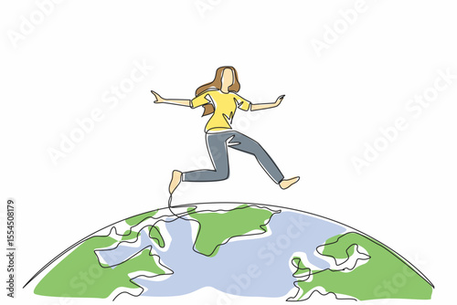 Single one line drawing a woman in casual clothes jumps on half a globe. A symbolism. Female parkour players have gone global. Art. We Jump The World Day. Continuous line design graphic illustration