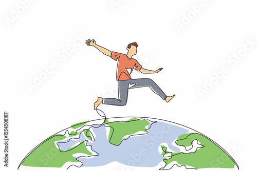 Single continuous line drawing a man in casual clothes jumps on half globe. Bringing parkour sport to the world. Healthy. Healthy community. We Jump The World Day. One line design vector illustration