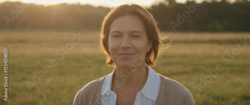 Middle-aged woman enjoying golden hour in a serene field