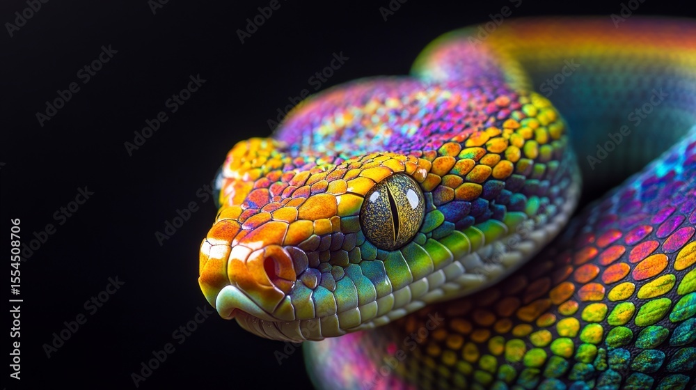 Fototapeta premium Vibrant rainbow-colored snake close-up on black background.
