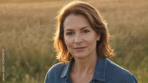 Middle-aged woman enjoying golden hour in a serene field
