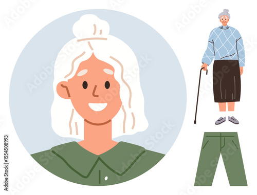 Elderly woman smiling, close-up portrait and full body view holding a cane. Includes outfit details sweater, skirt, and pants. Ideal for lifestyle, aging, fashion, inclusion health community