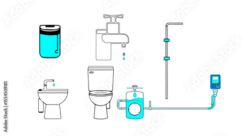 vector illustration of laboratory equipment Smart Greywater Layout – Eco Bathroom System in Line Art
