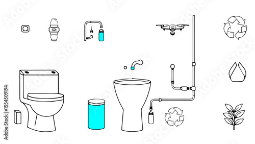  Smart Bathroom Greywater System Icons – Vector Line Set  vector illustration of a bathroom