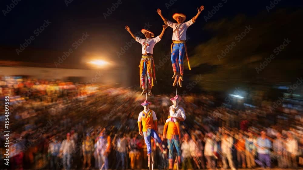 Danza de los Voladores: Traditional Mexican Aerial Ritual Dance at Vibrant Nighttime Festival