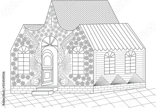Detailed Line Art of a Medieval-Inspired House with Elaborate Patterns, Perfect for Coloring and Artistic Endeavors