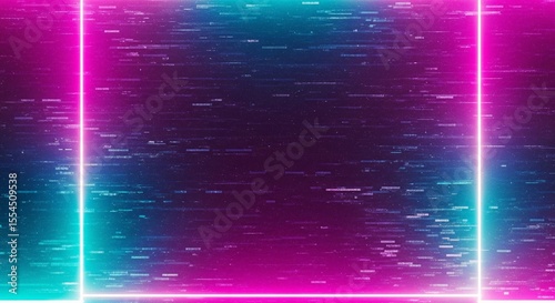 Vibrant Neon Frame Glowing Pink and Cyan Lines on Glitch Background