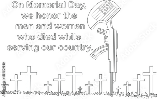 Honoring fallen heroes on Memorial Day with patriotic symbols of sacrifice, including military gear and grave markers.