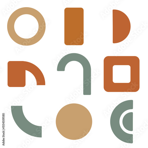 Abstract Geometric Grid with Circles, Rounded Squares, in Brown, Orange, Gray on White - Vector