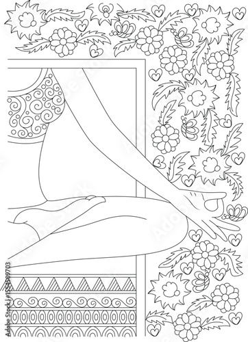 Black and white line art of a meditating figure with detailed nature-inspired borders, perfect for a therapeutic coloring activity.