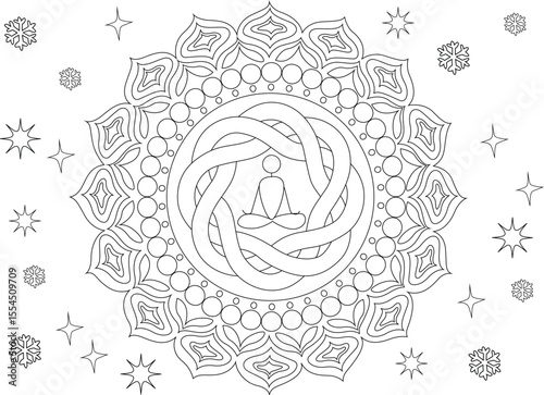 Serene Winter Meditation Mandala Outline with Snowflakes and Stars, Perfect for Mindfulness Coloring Pages, Spiritual Zen Artwork, Yoga Relaxation Graphics, or Calm Decorative Designs.