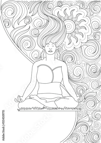 Black and white line art of a woman meditating with intricate patterns, ideal for relaxation, yoga, and adult coloring books.
