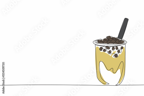 Single one line drawing bubble tea in a plastic cup with a large straw. Straw to sip the sweet boba. Delicious to the throat. National Bubble Tea Day. Continuous line design graphic illustration