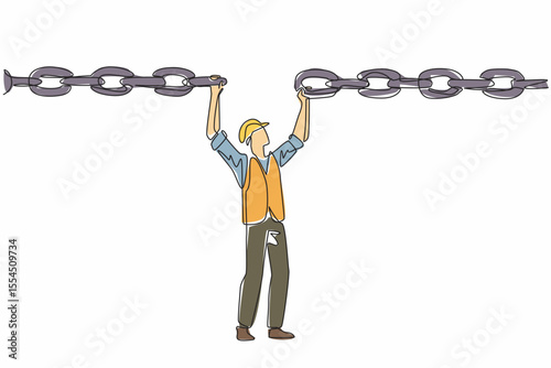 Continuous one line drawing man wearing project vest and helmet holds a broken chain above head. Ensure timely delivery. Effort. National Supply Chain Day. Single line draw design vector illustration