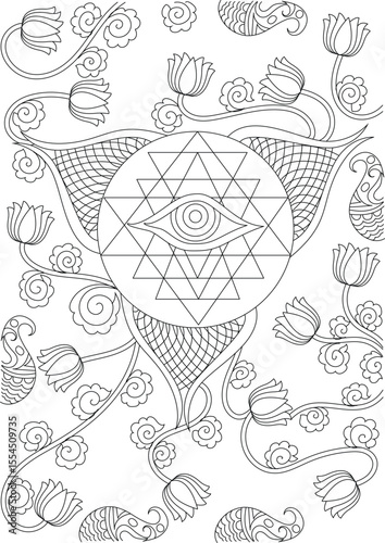 Intricate black and white line art illustration of a spiritual eye symbol within a geometric mandala, surrounded by elegant floral patterns. Ideal for meditation, mindfulness, and creative coloring.