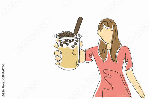 Single one line drawing woman in casual clothes holding glass of bubble tea. Offers cold and sweet drinks. Sweet tapioca. Beverage. National Bubble Tea Day. Continuous line design graphic illustration