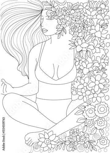 Serene Woman Meditating Amidst Lush Botanical Design. Intricate Line Art Illustration for Mindfulness, Relaxation, Yoga, and Spiritual Well-being. Perfect for Coloring Books and Tranquil Concepts.