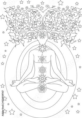 Peaceful meditation outline drawing with chakras, sacred tree of life, and stars for yoga, spiritual healing, and coloring.