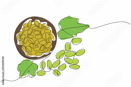 Single one line drawing raisin in a small bowl and leaves and grapes. Made from sweet seedless grapes. Snacks or toppings on food. National Raisin Day. Continuous line design graphic illustration