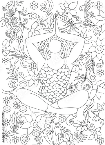 Serene Woman in Meditation Pose Amidst Intricate Floral and Swirling Patterns - Detailed Line Art for Adult Coloring Book, Mindfulness, Relaxation, and Spiritual Wellness