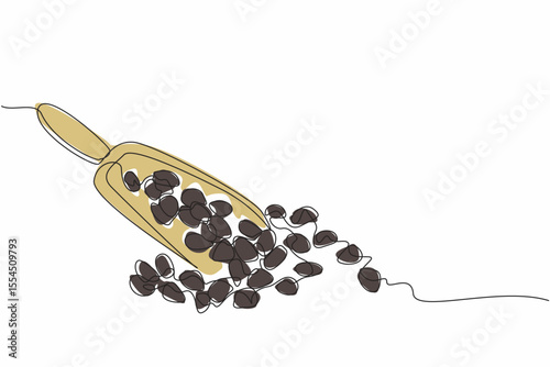 Single continuous line drawing raisins scattered and some in the wooden scoop. Good quality dried grapes. Delicious and refreshing to snack on. National Raisin Day. One line design vector illustration