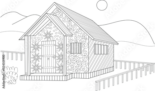 Ornate Medieval Inspired House Drawing: Detailed Black and White Line Art Illustration for Coloring Books, Featuring a Stylized Cottage with Decorative Patterns, Mountains, and Sun