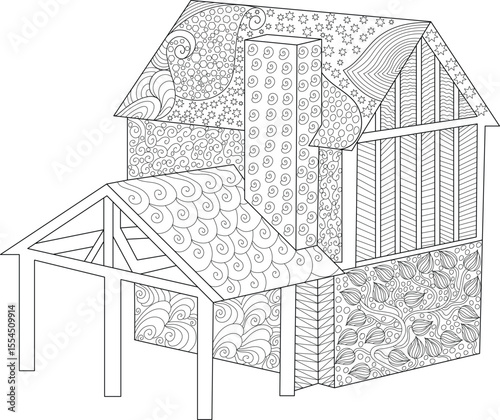 Stylized Medieval House with Complex Patterns. Adult Coloring Book Outline of a Fantasy Building, Decorative Architecture Doodle Art.