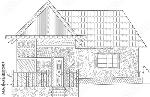 Detailed black and white line drawing of a charming fantasy house with unique textures, ideal for coloring and creative design.