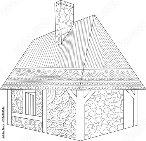 Ornate medieval house drawing for coloring, with distinct patterns and a stone chimney, historical architecture line art.