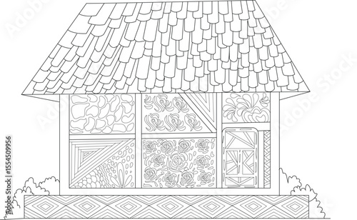 Stylized medieval house line drawing with complex patterns for coloring. Detailed zentangle and floral motifs on white background.