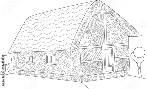 Whimsical Medieval House Line Art with Abstract Patterns, Ideal for Coloring Pages and Creative Designs.