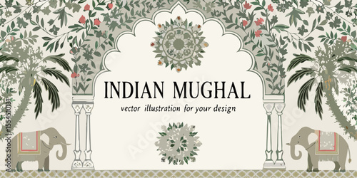 Intricate indian mughal archway with elephants and floral motifs vector illustration