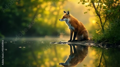 A fox sits by the water with a reflection in the water and a forest in the background at sunset video