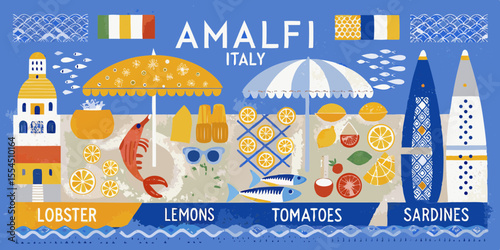 Amalfi coast italy summer vacation scene with lobster lemons tomatoes sardines and umbrellas