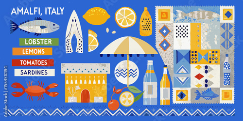 Amalfi italy travel poster featuring seafood lemons buildings and mediterranean coastal elements