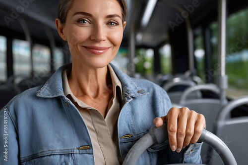 Woman Traveler on Bus: A composed woman with a gentle smile, finding joy in her commute. Riding the bus, she embraces a moment of calm amidst the everyday bustle. 