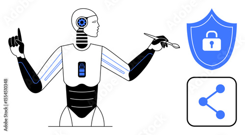 Humanoid robot holding stylus pen, shield with lock for security, and sharing icon for communication. Ideal for technology, cybersecurity, innovation, automation, connectivity, AI simple landing