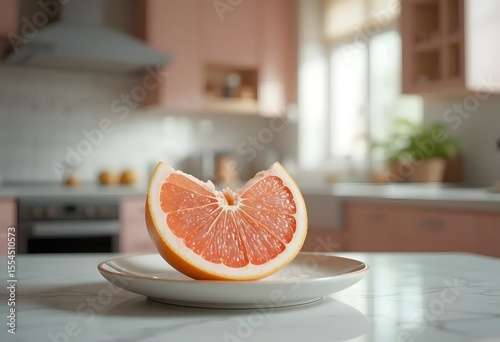 Fresh Grapefruit Slice with Water Droplets in Soft Pastel Kitchen