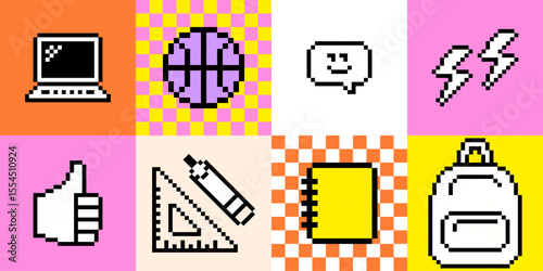 School study geometric pattern in pixel art. Y2k grid design with 8 bit retro game style education school supplies icon, pencil, ball, notebook, laptop, backpack, thumbs up. Abstract mosaic background