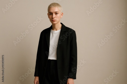 Studio portrait of androgynous person with bleached hair wearing black suit and white t shirt, representing modern business style