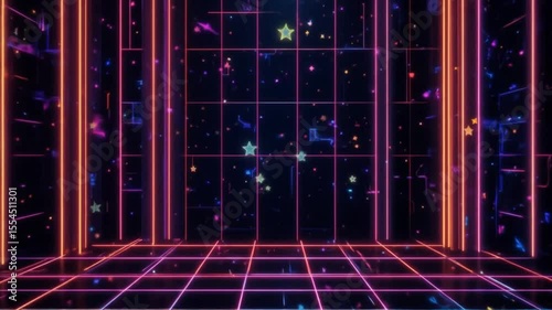 Retro neon background, colorful stars. Digital futuristic technology design. 4k video