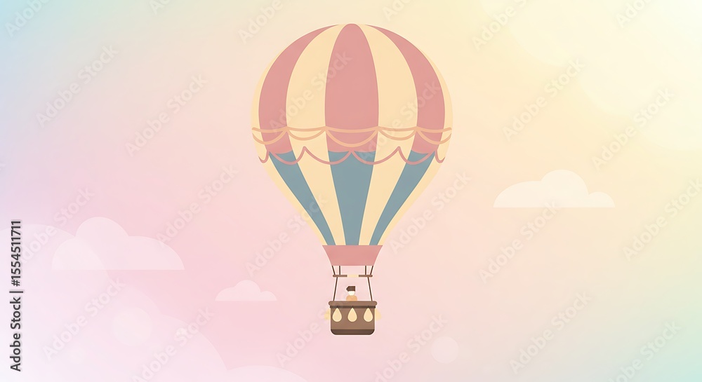 Fototapeta premium A charming hot air balloon with pastel pink, blue, and cream stripes floats serenely in a soft, gradient sky, evoking a sense of calm and gentle adventure.