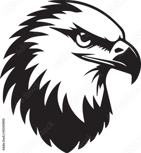 This image features a bold, black-and-white illustration of an **Eagle**'s head in profile. The intricate details of its feathers around the neck and head are sharply defined, conveying a sense of tex