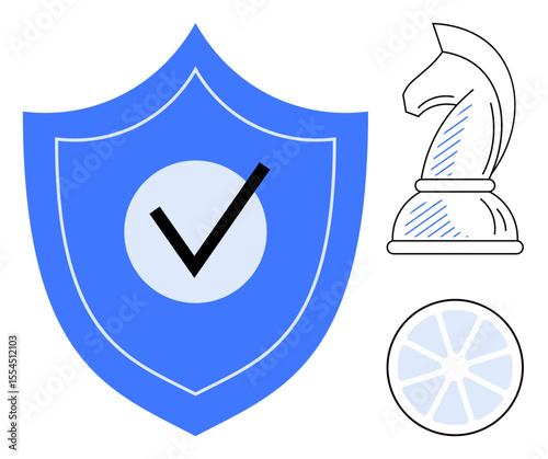 Blue shield with checkmark, chess knight, and gear highlight concepts of security, strategy, and functionality. Ideal for protection, planning, risk management, business reliability technology